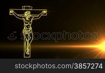 yellow glowing Jesus Christ on cross being drawn on screen by light streak.