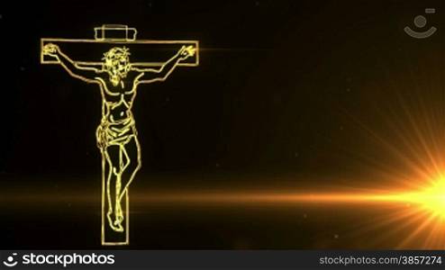 yellow glowing Jesus Christ on cross being drawn on screen by light streak.