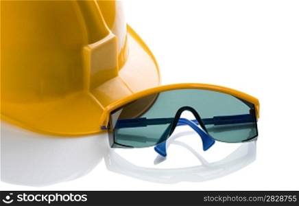 yellow helmet and blue safety glases