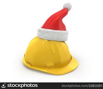 Yellow helmet with santa claus hat on top isolated on white background