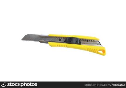 Yellow hobby knife for cutting paper on white background