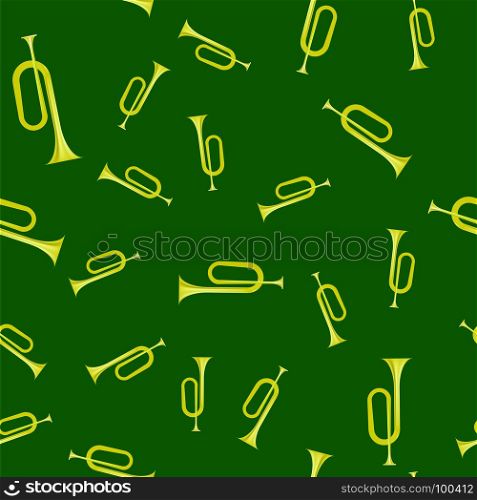 Yellow Horn Seamless Pattern Isolated on Green Background. Wind Musical Instrument. Yellow Horn Seamless Pattern. Wind Musical Instrument