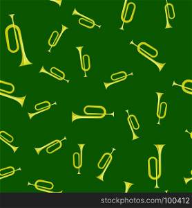 Yellow Horn Seamless Pattern Isolated on Green Background. Wind Musical Instrument. Yellow Horn Seamless Pattern. Wind Musical Instrument