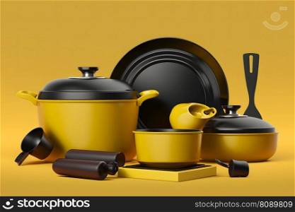 Yellow kitchen utensils set. Neural network AI generated art. Yellow kitchen utensils set. Neural network AI generated