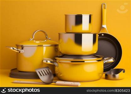 Yellow kitchen utensils set. Neural network AI generated art. Yellow kitchen utensils set. Neural network AI generated