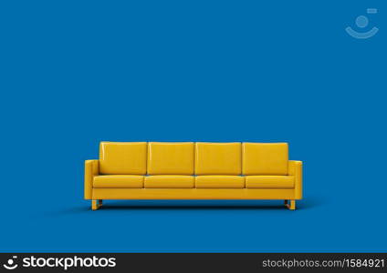Yellow leather sofa isolated on blue background. 3d rendering