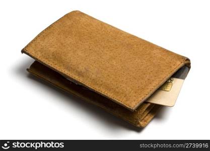Yellow leather wallet with credit card isolated on white