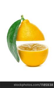 yellow lemon cut into two parts with a leaf isolated on a white background