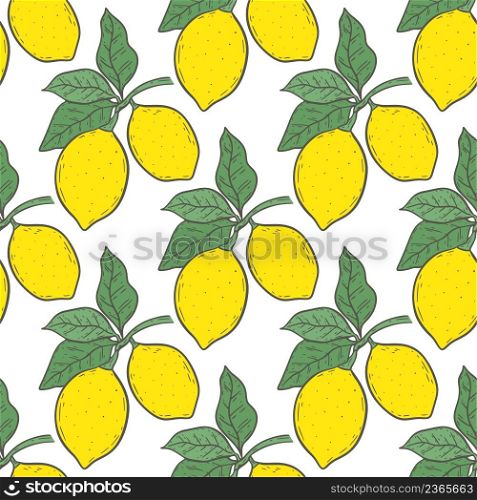 Yellow lemons seamless pattern. Background bright citruses. Model fruits on branch with leaves. Template for packaging, paper and design vector illustration. Yellow lemons seamless pattern