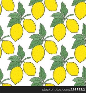 Yellow lemons seamless pattern. Background bright citruses. Model fruits on branch with leaves. Template for packaging, paper and design vector illustration. Yellow lemons seamless pattern
