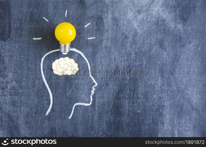 yellow light bulb paper cutout brain outline face made with chalk blackboard. Resolution and high quality beautiful photo. yellow light bulb paper cutout brain outline face made with chalk blackboard. High quality and resolution beautiful photo concept