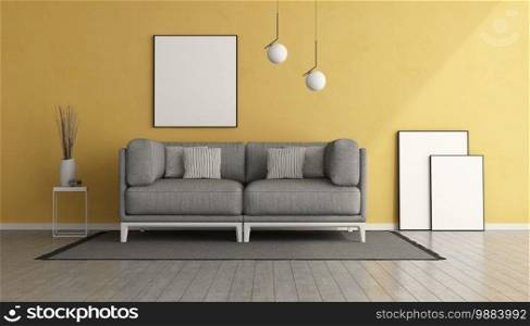 Yellow living room with gray sofa and blank picture frame - 3d rendering. Yellow living room with gray sofa