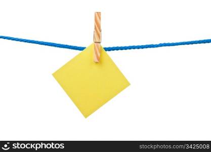 Yellow note hanging in a rope, with white isolated background.