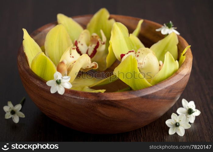 yellow orchids in bowl