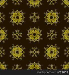 Yellow Ornamental Seamless Line Pattern on Dark Background. Endless Texture. Oriental Geometric Ornament. Yellow Ornamental Seamless Line Pattern