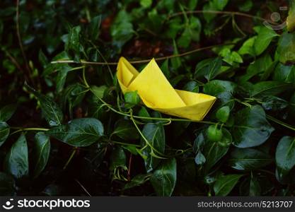 Yellow paper boat in a sea of leaves