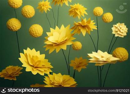 Yellow paper cut flowers on green background. Abstract floral patter, botanical papercraft, paper bouquet. 3D illustration. Ai generated art. Yellow paper cut flowers on green background. Paper bouquet