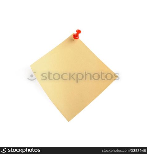 yellow paper note with shadow. It is attached red pin on a white background