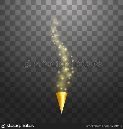 Yellow party popper with exploding confetti particles isolated on transparent background. Dotted paper cone with sparkling stars. Festive or magic decoration. Vector holiday illustration. Yellow party popper with exploding confetti particles isolated on transparent background. Dotted paper cone with sparkling stars. Festive or magic decoration. Vector holiday illustration.
