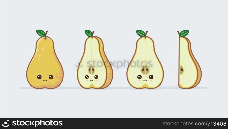 Yellow pear cute kawaii mascot. Set of funny kawaii drawn fruit in the cut