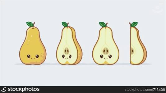 Yellow pear cute kawaii mascot. Set of funny kawaii drawn fruit in the cut