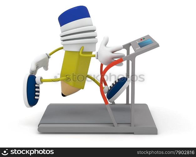Yellow pencil running on treadmill - 3D render
