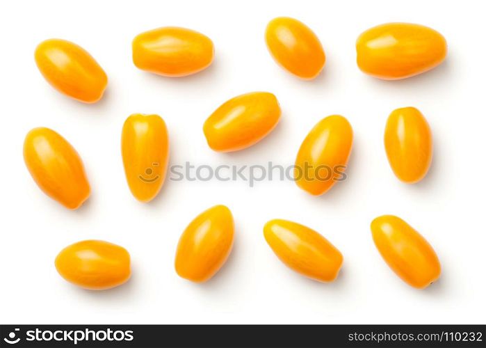 Yellow pepper cherry tomatoes isolated on white background. Top view