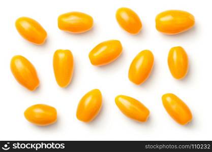 Yellow pepper cherry tomatoes isolated on white background. Top view