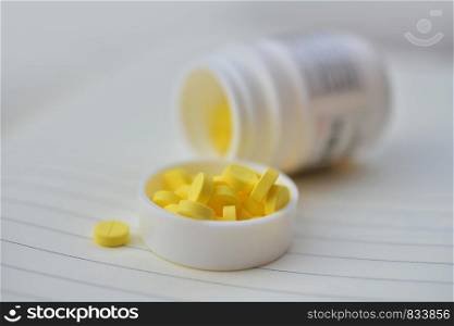 Yellow pills placed on the table