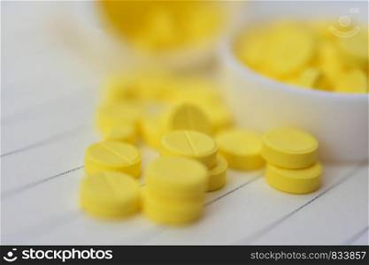 Yellow pills placed on the table