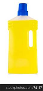 Yellow plastic bottle with handle and liquid laundry detergent, cleaning agent, bleach or fabric softener isolated on white background