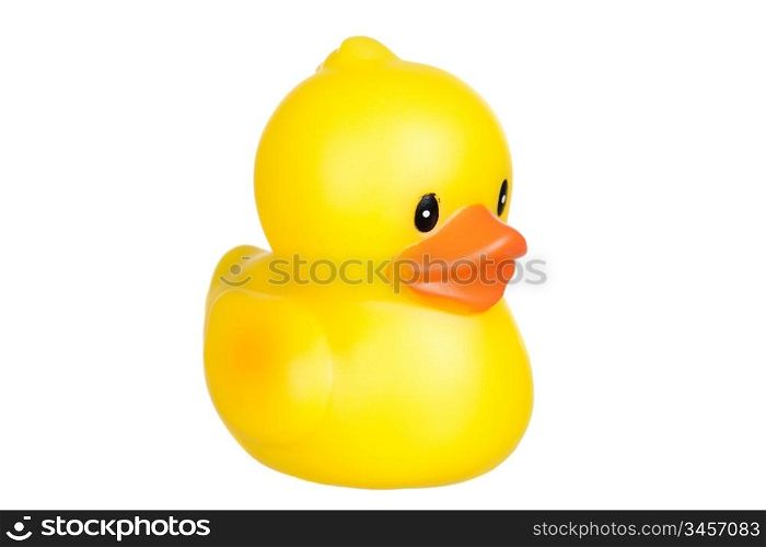 Yellow plastic duck isolated on a over white background