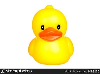 Yellow plastic duck isolated on a over white background