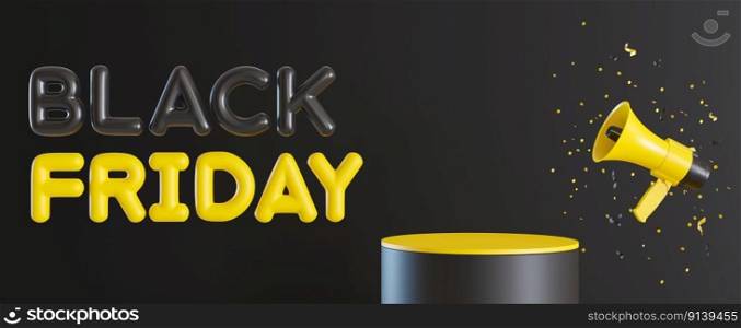 Yellow podium with black friday text, megaphone and confetti. Sale, special offer, good price, deal, shopping. Scene for product, cosmetic presentation. Mock up, banner with stage. 3D rendering. Yellow podium with black friday text, megaphone and confetti. Sale, special offer, good price, deal, shopping. Scene for product, cosmetic presentation. Mock up, banner with stage. 3D rendering.