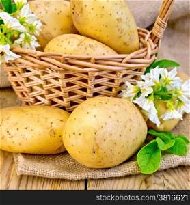 Yellow potato tubers with a flower on sackcloth, and in a wicker basket on a wooden boards background