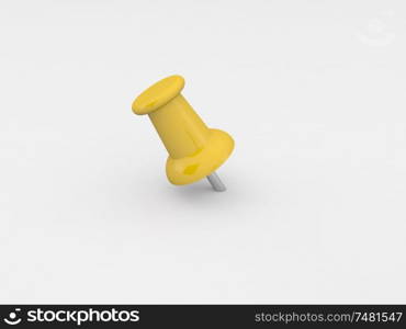Yellow pushpin close up on a gray background. 3d render illustration.. Yellow pushpin close up on a gray background.