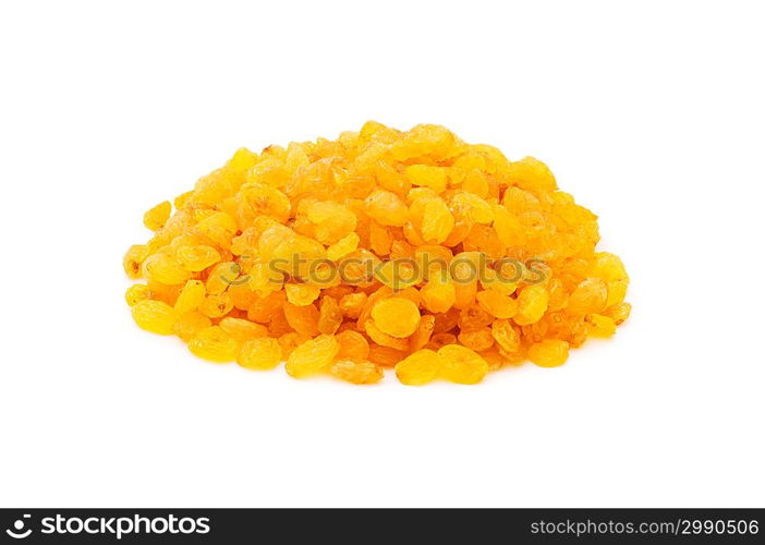 Yellow raisins isolated on the white background