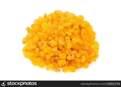 Yellow raisins isolated on the white background