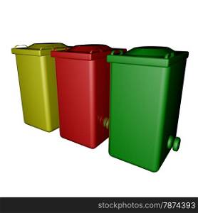 Yellow, red and green dumpsters isolated over white, 3d render