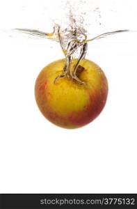 Yellow red apple in the water splash isoated on white background. Healthy organic food and active life.