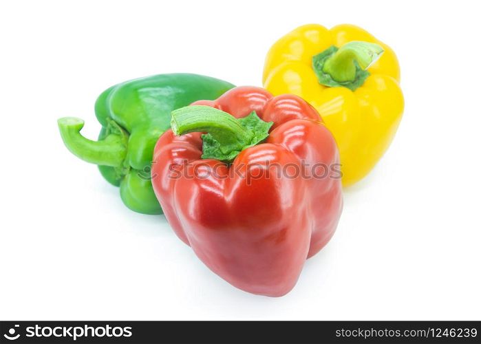Yellow, Red, Green, bell pepper or sweet pepper or capsicum isolated on white background with clipping path.