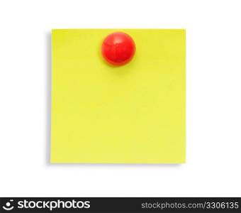 Yellow reminder note with red pin isolated on the white background.