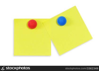 Yellow reminder notes with red pin isolated on the white background.