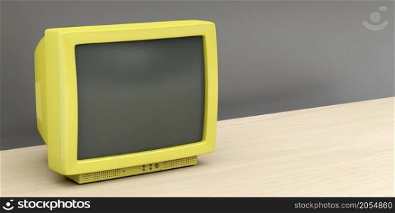 Yellow retro tv on wooden stand