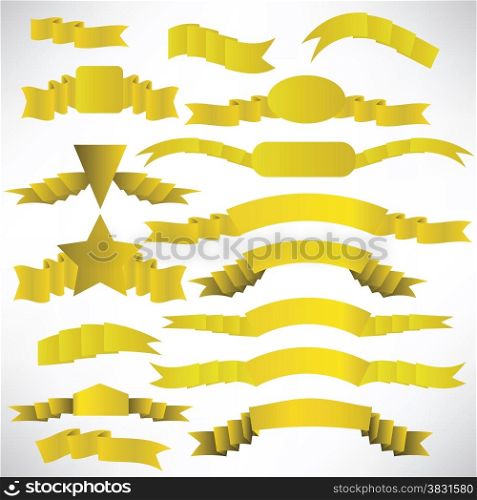 Yellow ribbons with a stripe.Ribbons set for design and decoration. Collection design elements. Flags on white background.