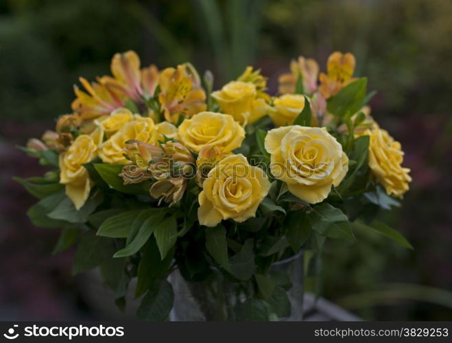 yellow roses and green leaves in a vase