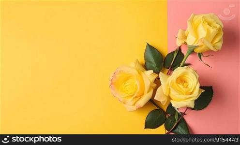 Yellow roses on a colored background. Spring concept by generative AI