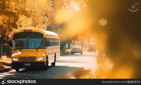 Yellow school bus. back to school background. Illustration Generative AI 