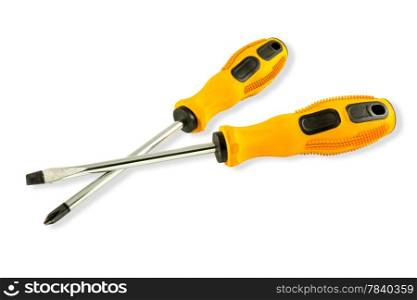 yellow screwdrivers isolated over white background.