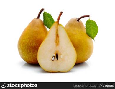 Yellow sliced pears with green leaf isolated on white background